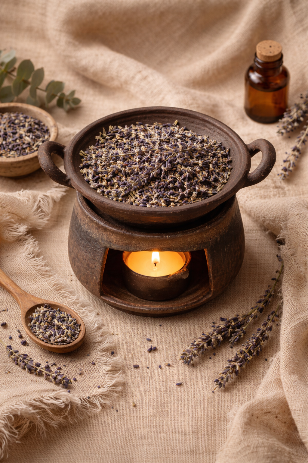 Quemador cerámico artesanal con lavanda encendido sobre lino