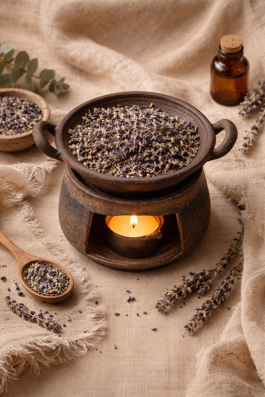 Quemador cerámico artesanal con lavanda encendido sobre lino